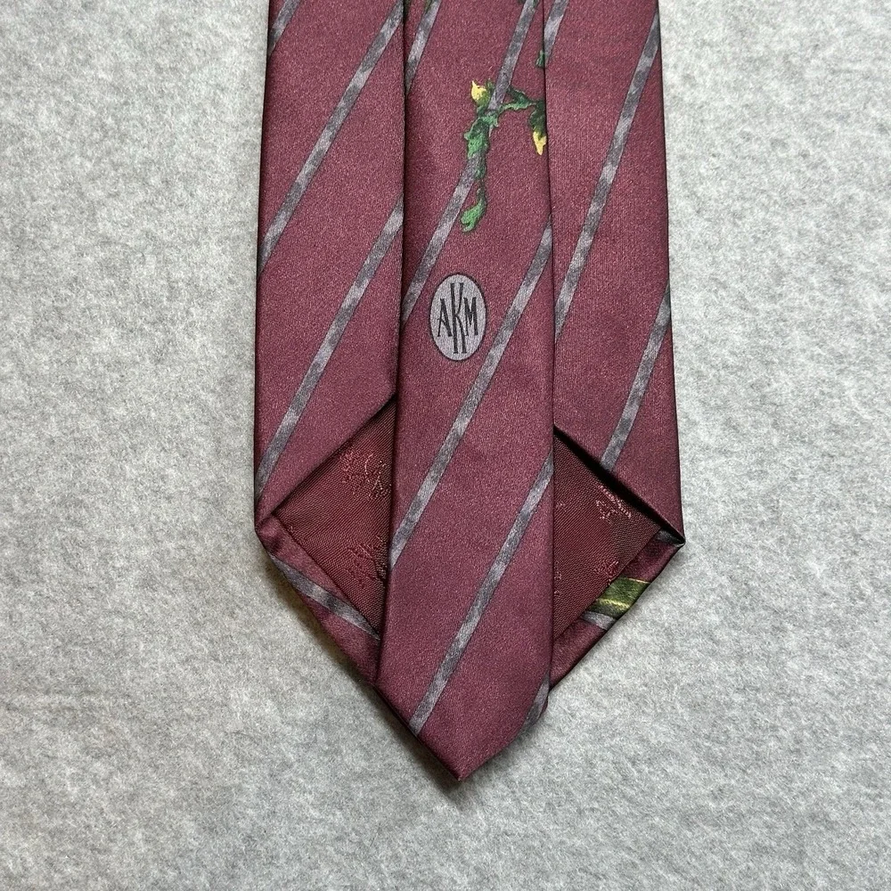 Vintage Anne Klein Men Silk Tie USA Red Floral Botanical Striped Necktie 56x3.75